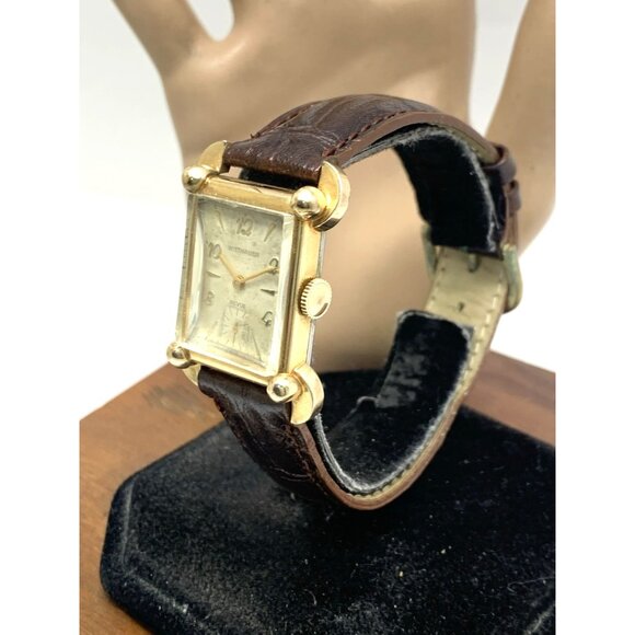 Wittnauer Revue Watch Swiss Mechanical Tank Vintage Gold Brown Leather Band 22mm - Picture 2 of 15